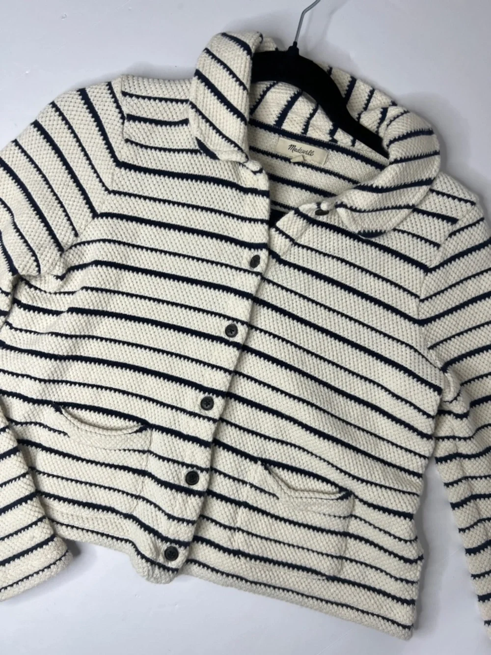 Women’s Madewell Cream and Navy Striped Shawl Collar Cardigan XS - Picture 4 of 8
